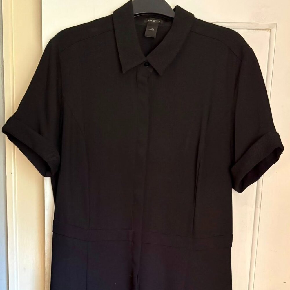 Ann Taylor Short Sleeves Flare solid Black Dress